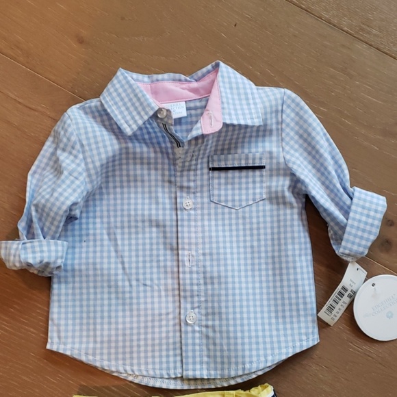 Blue white plaid button up yellow shorts - Picture 2 of 3